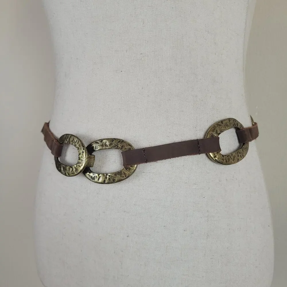 Leatherock Belt‎ Brown Leather Hammered Oval Medallion Boho USA Western Cowgirl